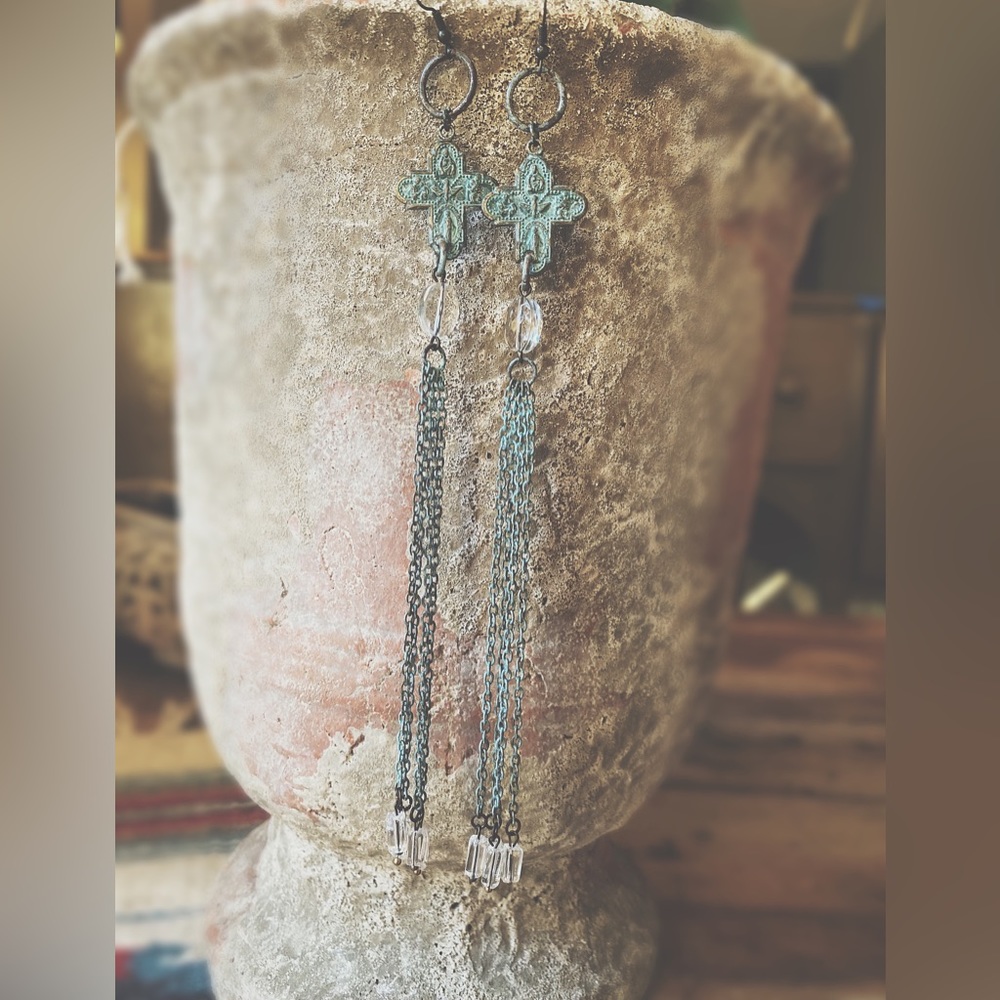 Handcrafted Verdigris Cross Earrings Multi Chain Czech Glass Gold Brass OOAK